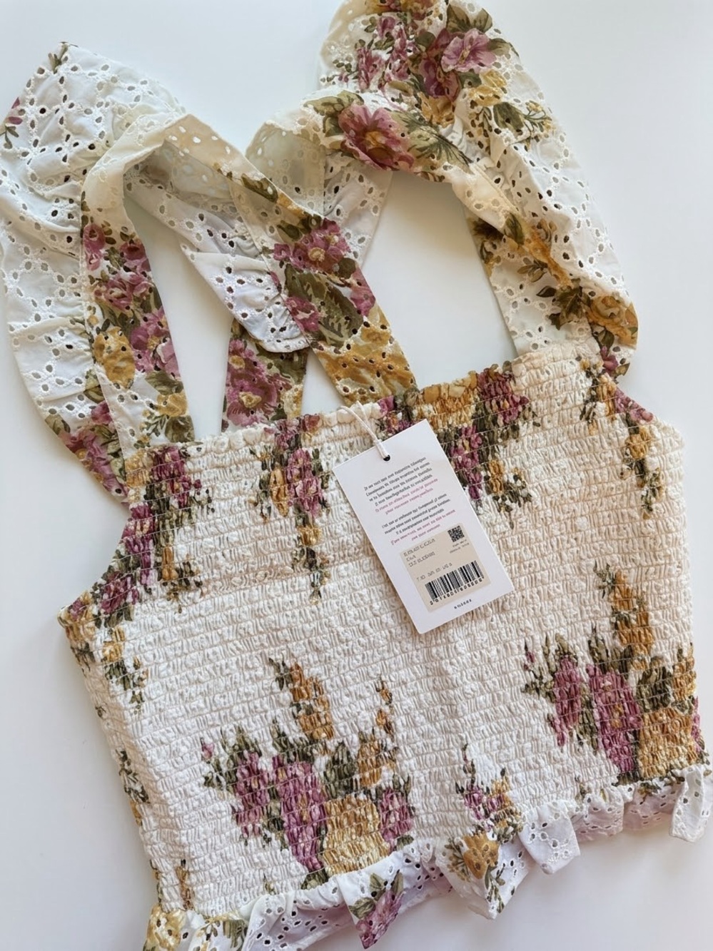 Sezane Cream Floral Smocked Tank with Pink and Mustard Accents